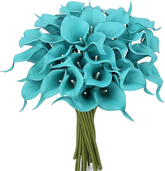 24 Pcs Teal Flowers Artificial Calla Lily Flower Fake Teal Silk Flowers Real Touch for Wedding Bouquet Home Kitchen Decor