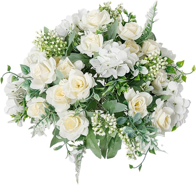 Artificial Flower 5 Branches Artificial Silk Fake Flowers Bouquet Small Roses for Wedding Home Office Tables Decor 4 Packs(White)