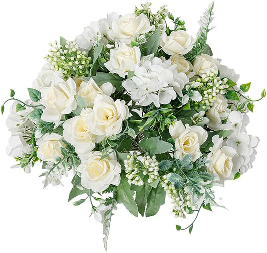 Artificial Flower 5 Branches Artificial Silk Fake Flowers Bouquet Small Roses for Wedding Home Office Tables Decor 4 Packs(White)