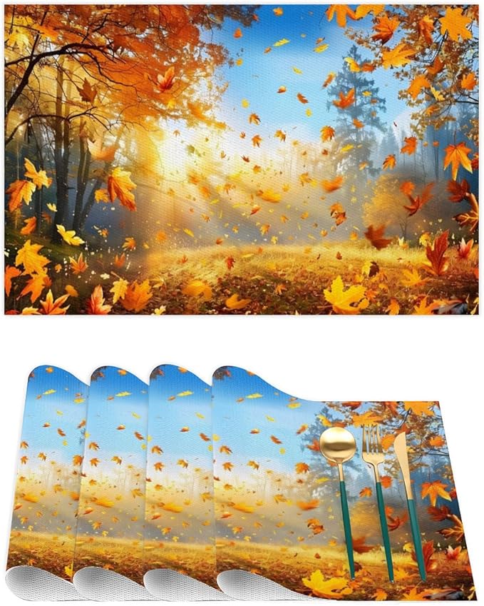 Forest Tree Fall Leaf Placemats Set of 1 PVC Vinyl Non Slip Table Mats Heat Resistant Place Mats Washable Wipeable Dining Table Mat for Kitchen Decor Party Indoor Outdoor Decorative Gift