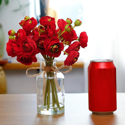 Ranunculus Artificial Flowers with Vase, 8 Pcs Faux Silk Ranunculus Flower in Vase, Small Flower Arrangements for Home Decor Indoor, Table Centerpiece. (Red)