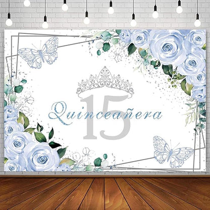 SENDY 7x5ft Quinceañera Backdrop Mis Quince 15 Anos Birthday Party Decoration Supplies for Girl Princess Blue Floral Butterfly Silver Crown Photography Background Banner Photo Booth Studio Props