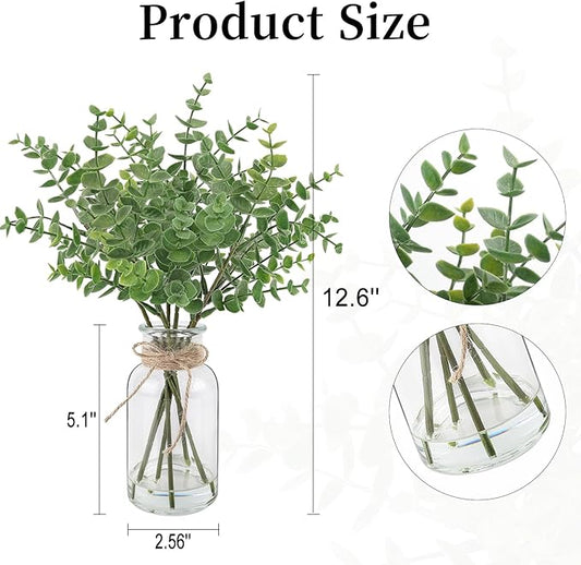 Artificial Eucalyptus Stems in Glass Vase 14" 6Pcs Faux Eucalyptus Branches Home Table Decor Fake Plants Stems for Farmhouse Kitchen Bathroom Decorations (Small Vase-Style B)