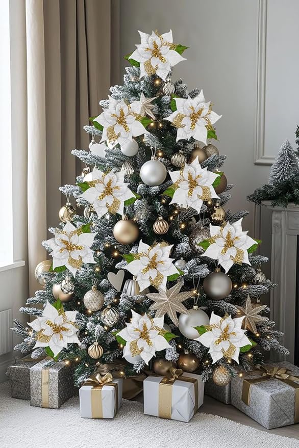 10" Poinsettia Flower Artificial for Christmas Tree Decor, 3 Pcs Faux Glitter Poinsettias Stems for DIY Xmas Wreath & Garland, Christmas Ornaments for Home Party, Holiday Decorations, White Gold
