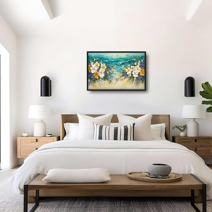 Beach Floral Large Wall Art Coastal Flower Pictures Wall Decor Summer Canvas Seascape Print Painting Modern Artwork Home Decoration for Living Room Bathroom Bedroom Office Framed 36"x24"