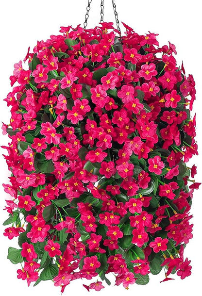 Artificial Fake Hanging Flowers Plants Baskets for Outdoor Outside Porch Decoration, Faux Silk Hotpink Realistic UV Resistant Orchid Long Vines in Planter for Spring Summer Home Patio Balcony