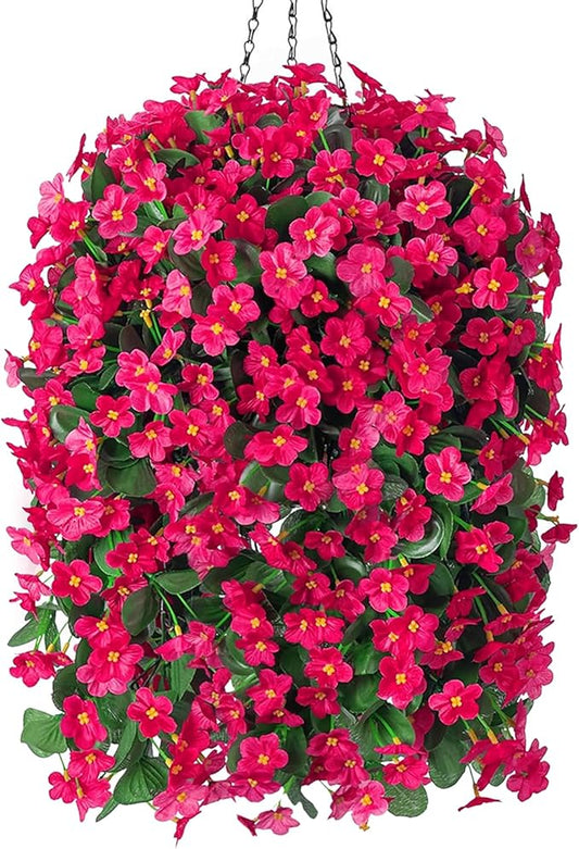 Artificial Fake Hanging Flowers Plants Baskets for Outdoor Outside Porch Decoration, Faux Silk Hotpink Realistic UV Resistant Orchid Long Vines in Planter for Spring Summer Home Patio Balcony
