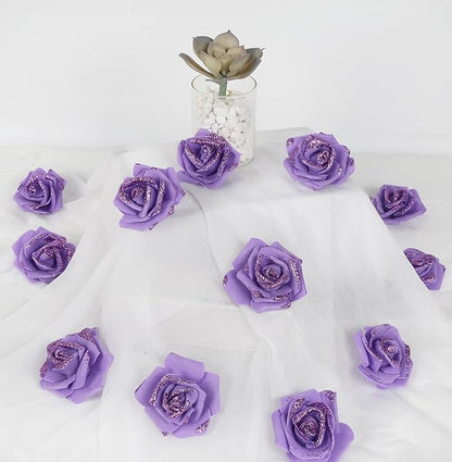 100pcs Purple Glitter Roses 2.56" Foam Glitter Flowers Fake Roses Purple Flowers Artificial Roses for Bridal Shower Centerpieces DIY Wedding Flower Floral Arrangements (Purple)