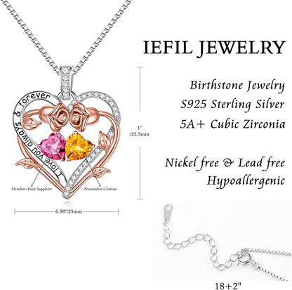 Iefil Rose Heart Double Birthstone Necklace Gifts for Wife Her Mom Women, Birthstone Jewelry Gemstone Birthday Gifts for Girlfriend Grandma Her Wife Women