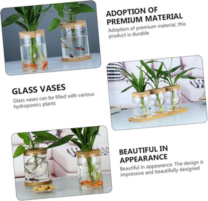 VILLCASE 2pcs Wood Art Glass Vase with Cork Stopper for Hydroponic Plants Decorative Flower Pot for Indoor Greenery Minimalist Plant Vase for Home and Office Decor