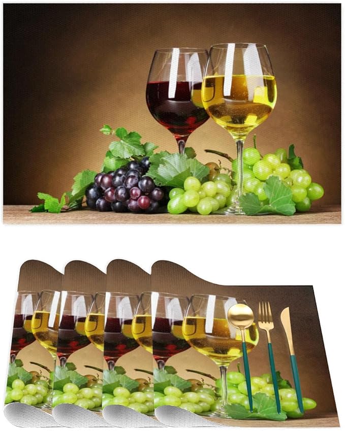 PVC Placemats Set of 6 Grape Red Wine Glass Wipeable Table Mats Washable Heat Resistant Non Slip Vinyl Dining Table Mat for Kithen Indoor Outdoor Patio Farmhouse Place Mats Decorative