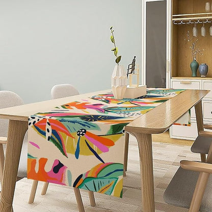 Colorful Flower Table Runner,Abstract Flower Blossom Botanical Pattern Print Tablecloth Burlap for Hotel Indoors Outdoor Dining Room Kitchen Table Decor, 13x108in