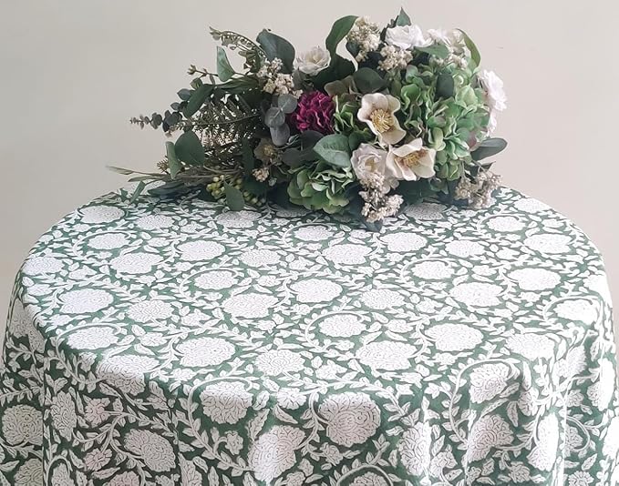 ATOSII Shalimar Green 100% Cotton Round Boho Fall Tablecloth, Handblock Floral Table Cloth Linen for Kitchen Dining I Parties Wedding Outdoors Christmas Thanksgiving I Fall Home Decor 90" Inches Round