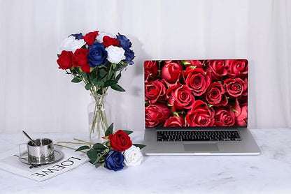 SITUMEIZI 15PCS 4th of July Flowers Roses Artificial Silk Flowers Patriotic Fake Bouquet with Long Stem for Independence Day Home Decor Bouquets Party Table Centerpiece(Mix,3)