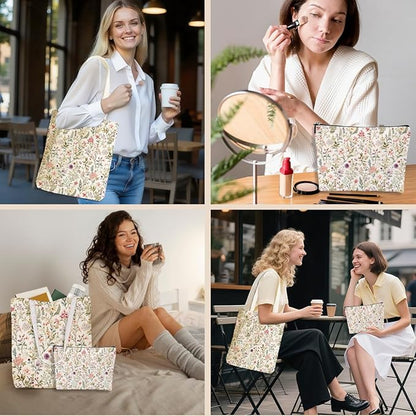 Flower Plant Lover Gifts for Women Canvas Tote Bag with Makeup Bag Cosmetic Bags Grocery Bags for Shopping Christmas