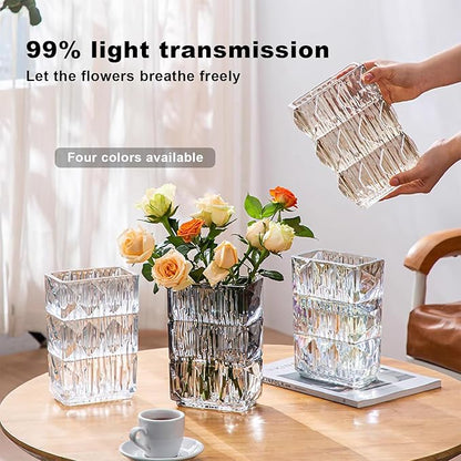 Glass Flower Vase, Clear Crystal Vases for Centerpieces, Heavy Handmade Modern Vases for Decor Home Bedroom Kitchen Office Living Room, 7.88 Inch (Clear Amber)