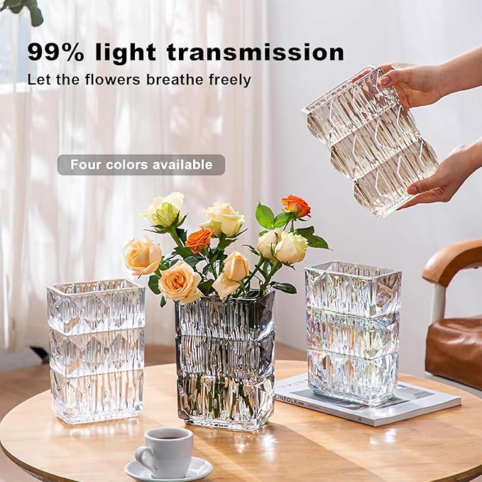 Glass Flower Vase, Clear Crystal Vases for Centerpieces, Heavy Handmade Modern Vases for Decor Home Bedroom Kitchen Office Living Room, 7.88 Inch (Clear Iridescent)