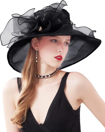 Organza Derby Hats for Women Wide Brim Fascinator Hat Rose Flower Wedding Tea Party Hat
