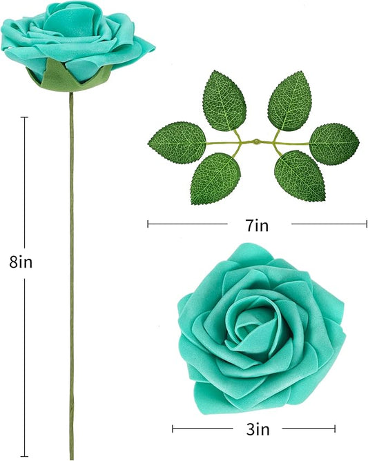 DuHouse Artificial Roses Flowers Fake Roses with Stems Real Touch Foam Flowers for DIY Wedding Bouquet Baby Shower Centerpiece Floral Arrangement Party Home Decor(Teal Blue-Green)