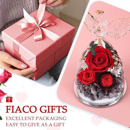 FIACO Gifts for Women Preserved Rose Forever Flower in Glass Angel Figurine Fresh Flowers for Delivery Mothers Day Birthday Gifts for Mom Grandma Wife Sister Red
