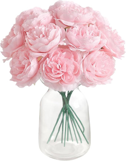 12 PCS Artificial Silk Pink Peony Flowers with Stems - 8 Inch Fake Peony Bouquet for Wedding, Home Decor, Office Table, Festival Gifts