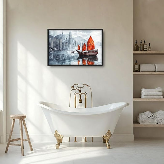 Cityscape Boat Large Wall Art Sailboat Pictures Wall Decor Coastal Canvas Ocean Nautical Print Painting Modern Artwork Home Decoration for Living Room Bathroom Bedroom Office Framed 24"x36"