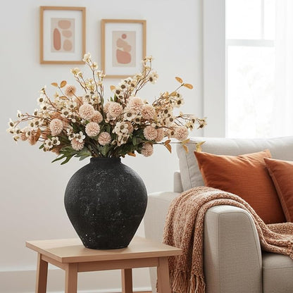 Beige Silk Flower Arrangements For Home Decor, Large Floral Centerpieces For Tables, Fake Mums + Eucalyptus + Wild Flowers in Bulk, Long Stem Artificial Flowers Coffee Dining Table, Faux Mums Flowers