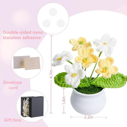 Crochet Flowers Cute Handmade Knitted Potted Flower Plants Gift for Graduation Teacher's Day Birthday Anniversary Valentines Christmas Decor for Desk Car Dashboard Home Room Office Decorations