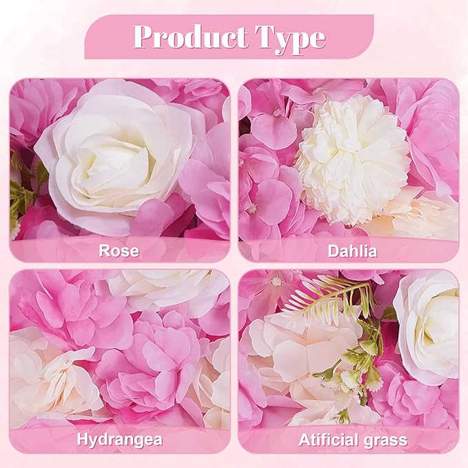 12Pcs Artificial Flower Wall Panel 3D Floral Backdrop Wall 15" X 15" Flower Wall Decor Panel Flower Wall Backdrop Faux Flower Panel for Party Home Background Decor, Pink