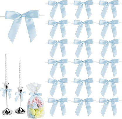 50 PCS Light Blue Twist Tie Bows 2.5" Satin Ribbon Bows Decor for Gift Wrapping Craft Treat Bags Cake Pop Basket, Wedding Baby Shower Birthday Party Favors