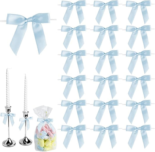50 PCS Light Blue Twist Tie Bows 2.5" Satin Ribbon Bows Decor for Gift Wrapping Craft Treat Bags Cake Pop Basket, Wedding Baby Shower Birthday Party Favors