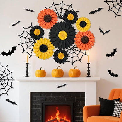 Paper Flowers Decorations for Wall, Black and Orange Party Decorations 3D Large Artificial Flower Hanging Paper Fans Fall Bulletin Board Decoration for Classroom Autumn Thanksgiving Window Fall Decal