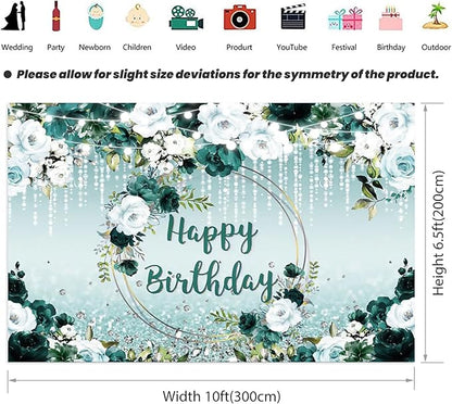 Renaiss 10x6.5ft Floral Happy Birthday Backdrop for Woman Fabric Green White Flowers Blooming Flower Photography Background Shinning Diamond Photo Backdrops for Birthday Party Supply