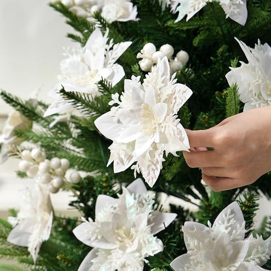 50pcs Glitter Poinsettia Christmas Ornaments, Artificial Flowers with Clips Stems for DIY Wreath Making, Holiday Home Party Decorations, Indoor Use (White)