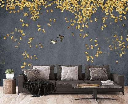 Ginkgo Leaf Flower Bird Wall Mural Wallpaper for Bedroom 137" x 100"
