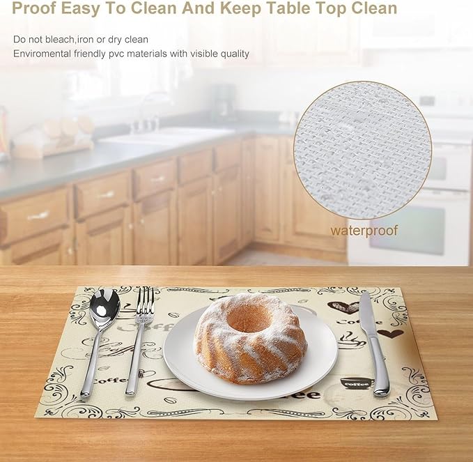 Coffee Kitchen Placemats Vintage Rustic Coffee Theme Latte Tea Cup Cappuccino Placemats Table Kitchen Dining Party 12x18 Inch Set of 6