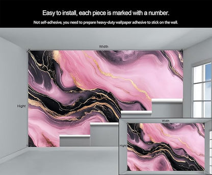 Pink Black Marble Wall Mural, Luxury Fluid Art 3D Wall Murals, Gold Vein Abstract Marble Wallpaper Mural, for Living Room Bedroom Large Wallpaper Indoor Decor 118" W x 82.6 "H
