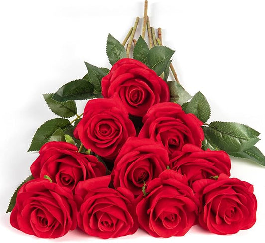 DuHouse 10pcs Fake Roses Artificial Silk Flowers Faux Rose Flower Long Stems Bouquet for Arrangement Wedding Centerpiece Party Home Kitchen Decor(Red)
