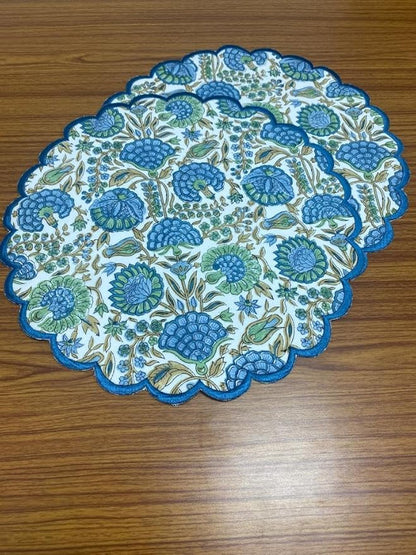 Ridhi Bo-ho Round Place Mat Easter Floral Cotton Washable Placemats 15" Round Embroidery Block Print Table Mat (Pack of 4-15 Inch Round, Asparagus Green)