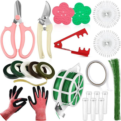 WILLBOND 121 Pcs Floral Arrangement Tool Kit Rose Thorn Remover Pruner Trimmer Gloves 22/26 Gauge Paddle Tie Stem Pearl Corsage Pin Pruning Shears, Florist Garden Tool Gift Kit for Women(Bright Color)