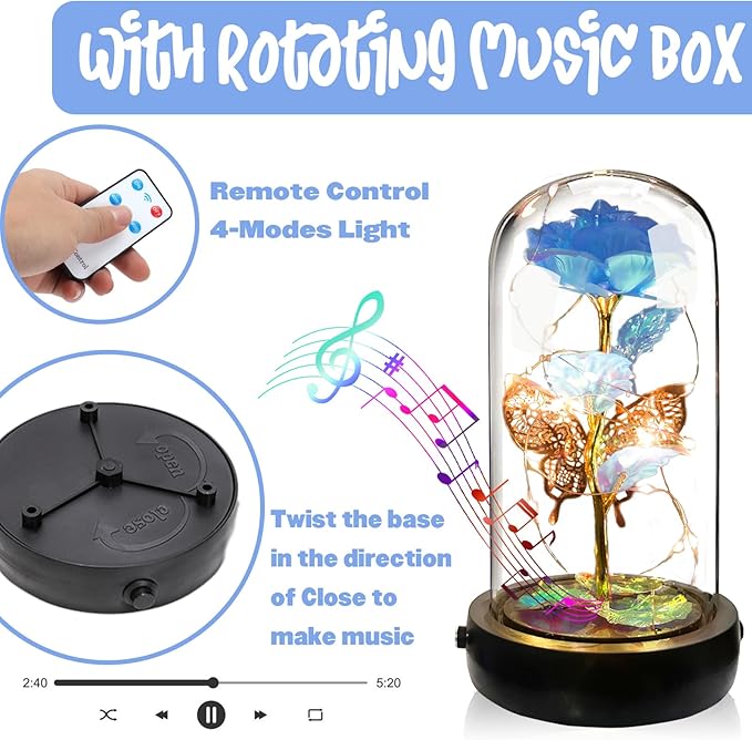 Birthday Rose Flower Gifts for Women, Mothers Day Glass Rose Gift for Mom from Daughter Son, Light Blue Rose in Glass Dome with Music Box, Light Up Rose in Dome for Her Wife Grandma