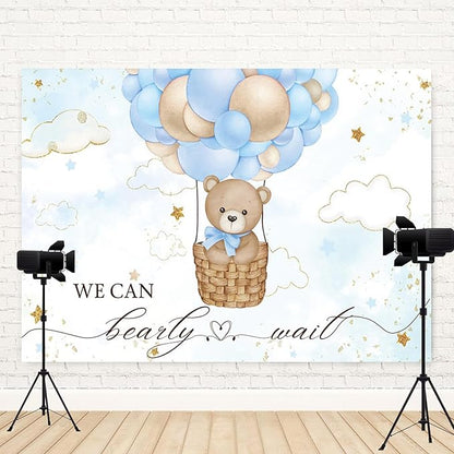 10x6.5ft Baby Shower Backdrop Bear Hot Air Balloon Photography Background Blue Brown Balloons White Cloud Glitter Gold Stars Birthday Party Banner Decorations Newborn Parties Photo Booth Prop