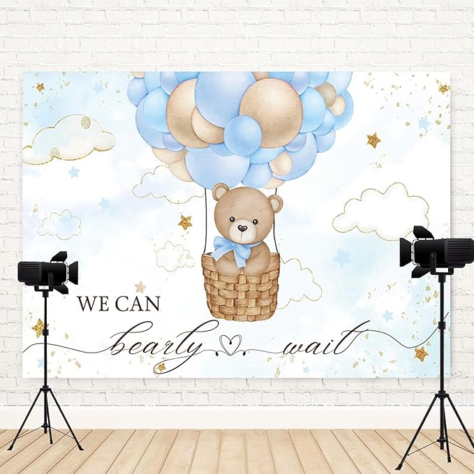 15x10ft Baby Shower Backdrop Bear Hot Air Balloon Photography Background Blue Brown Balloons White Cloud Glitter Gold Stars Birthday Party Banner Decorations Newborn Parties Photo Booth Prop