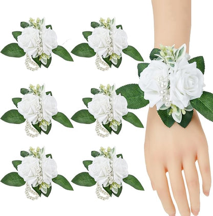 Meldel White Ivory Rose Prom Wrist Corsage for Wedding, Set of 6, Bridesmaid Bridal Hand Flowers Corsage for Prom, Wrist Flower for Wedding Ceremony Anniversary, Dinner Party, Rustic Vintage Wedding