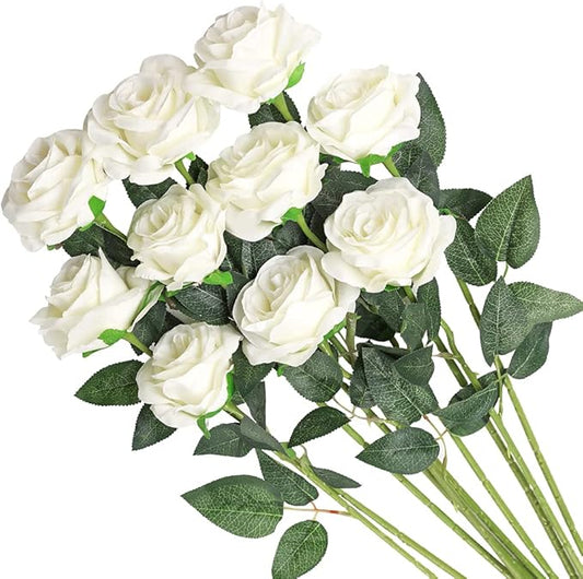 Veryhome Artificial Flowers Silk Roses Fake Bridal Wedding Bouquet for Home Garden Party Floral Decor 10 Pcs (White Curved stem)