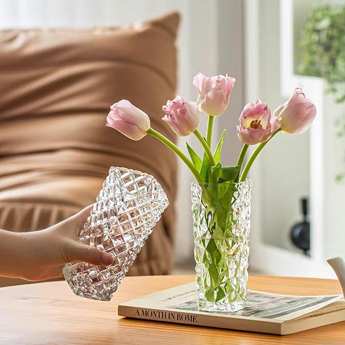 Clear Glass Vase for Flowers Esmiome Square Embossed Rectangle 6in High Glass Bud Vases Small Vase for Flowers Plant Terrarium Candle Holder Water Glasses for Wedding Centerpiece Office Table,IcePlate