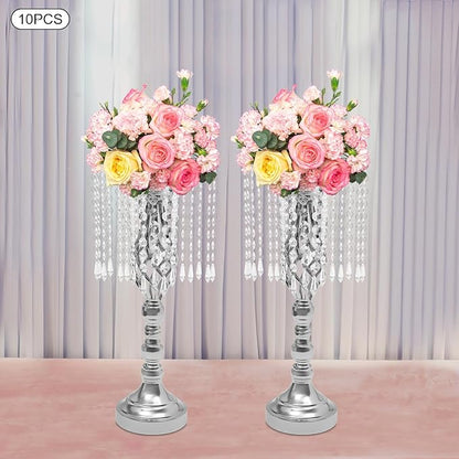 Vase | Bud Vases |10PCS Gold Crystal Flower Stands | Elegant Centerpiece for Weddings & Events | for Wedding Table Centerpieces, Aisle Guides, Party Decorations (Silver)