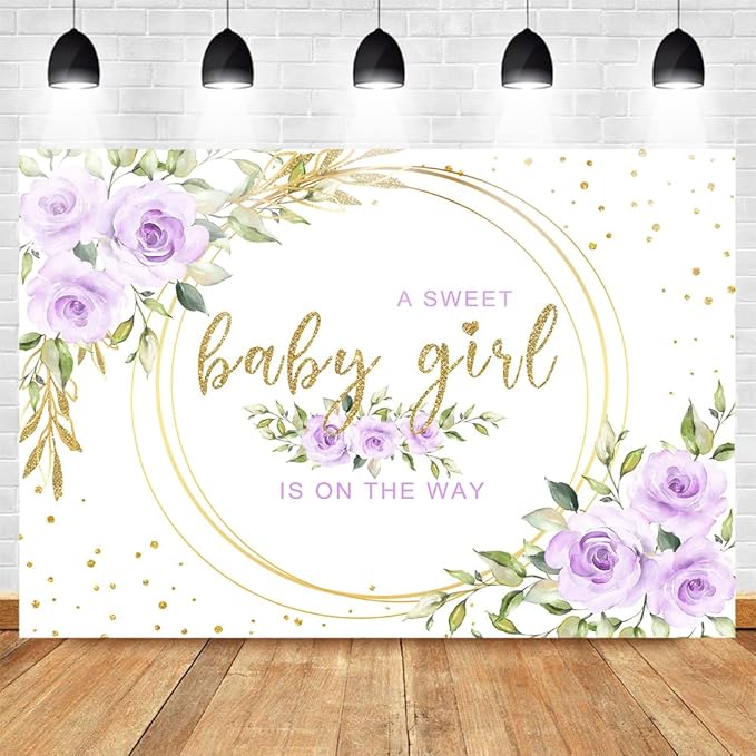 Mocsicka Floral Sweet Baby Girl Backdrop It's a Girl Baby Shower Background Watercolor Lavender Purple Floral Baby Shower Party Cake Table Decoration Photo Booth Props (8x6ft)