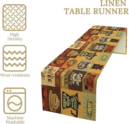 Coffee Table Runner,Vintage Style Coffee Beans Cups Theme Design Pattern Print Tablecloth Burlap for Hotel Indoors Outdoor Dining Room Kitchen Holiday Party, 13x80in