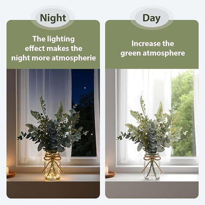 Artificial Eucalyptus Stems in Glass Vase with Faux Water, 13” Fake Plants Mix Eucalyptus Leaves with Lights, Faux Greenery Plants Decorations Home Office Farmhouse Wedding Centerpiece Décor